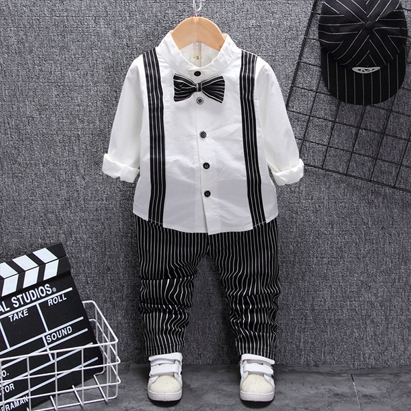

Boys British Style Single-breasted Long-sleeved Bow Tie Top + Striped Trouser Set, Size:90cm(White)