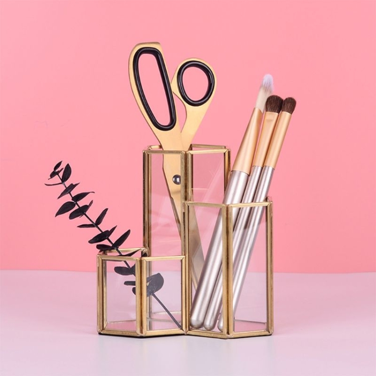 

Golden Creative Hexagonal Combination Glass Multifunctional Storage Pen Holder Cosmetic Bucket