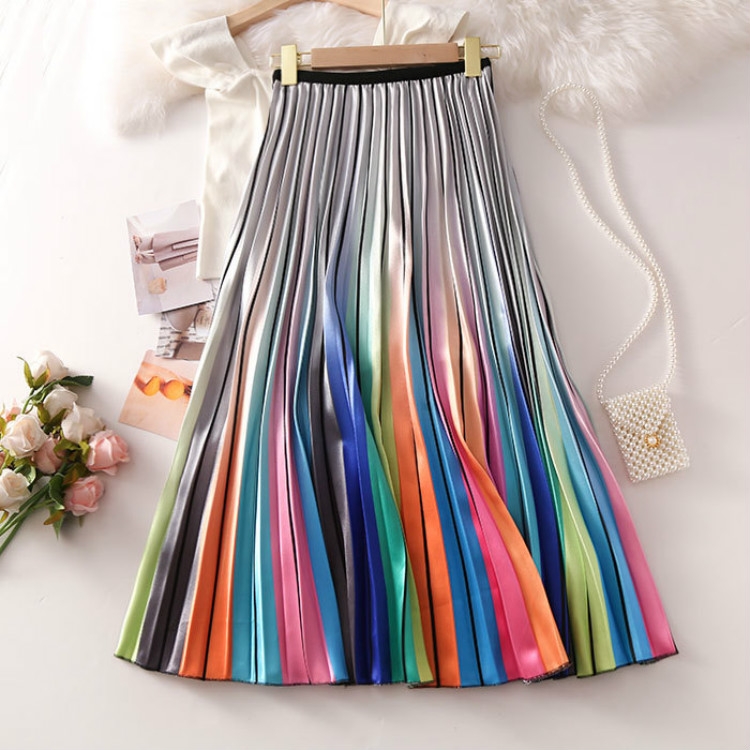 

Summer Rainbow Colorblock Printed Pleated Skirt, Size: One Size( Orange )