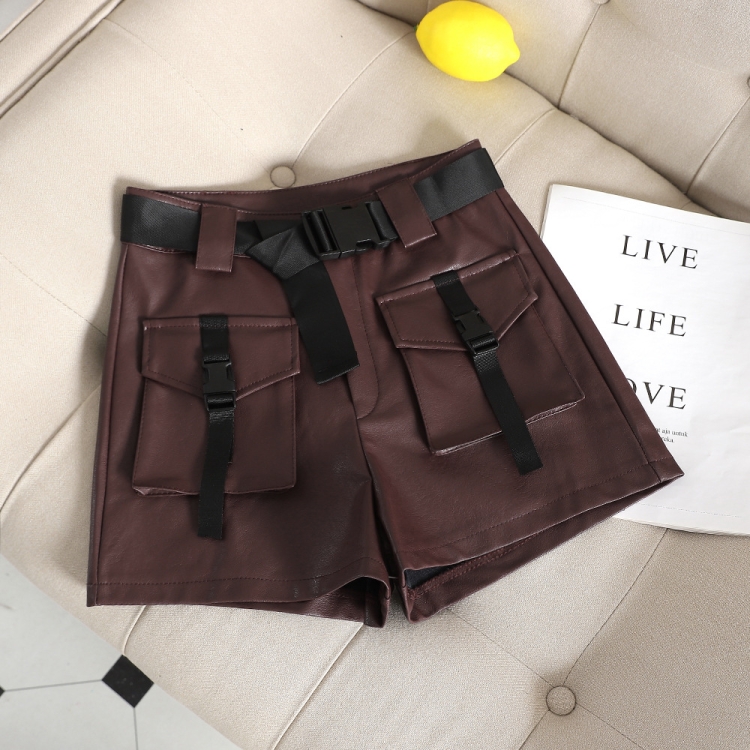 

Autumn and Winter PU Leather Large Pocket Tooling Wide Leg Shorts, Size: L(Wine Red)