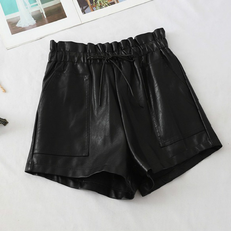 

Autumn Leather Drawstring Lace High Waist Shorts, Size: L(Black)