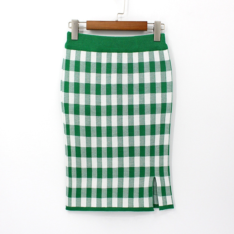

Plaid Split Bag Hip Knit Skirt, Size: One Size( Green )