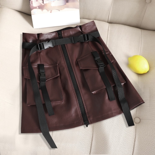 

2 PCS Flower Skirt Skirt Chic PU Leather Tooling Zipper A Word Skirt with Belt, Size: S(Wine Red)