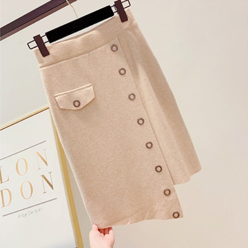 

Autumn and Winter High Waist Single-breasted Irregular Bag Hip Knit Skirt, Size: One Size( Khaki )