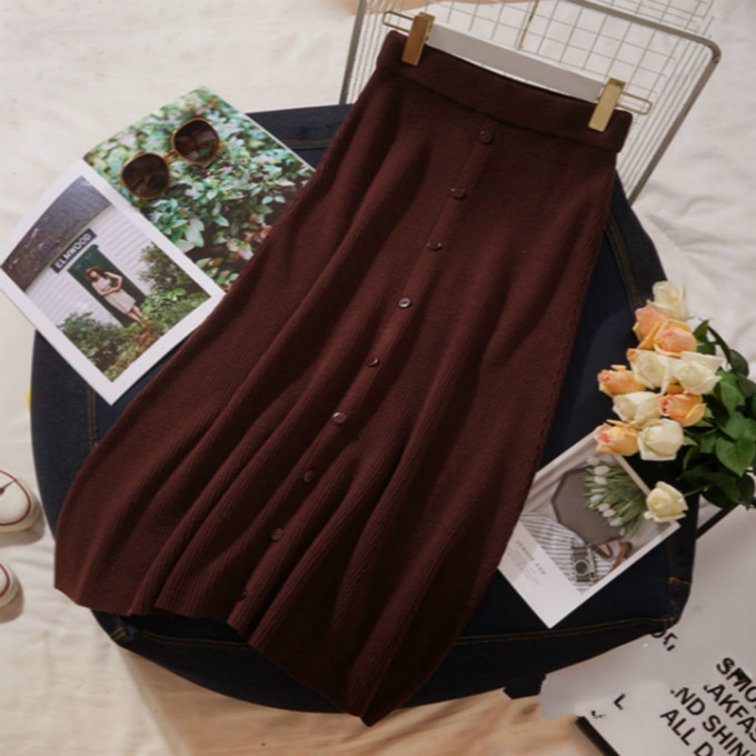 

Autumn and Winter High Waist Single-breasted Large Swing Long Knit Skirt, Size: One Size(Brown)