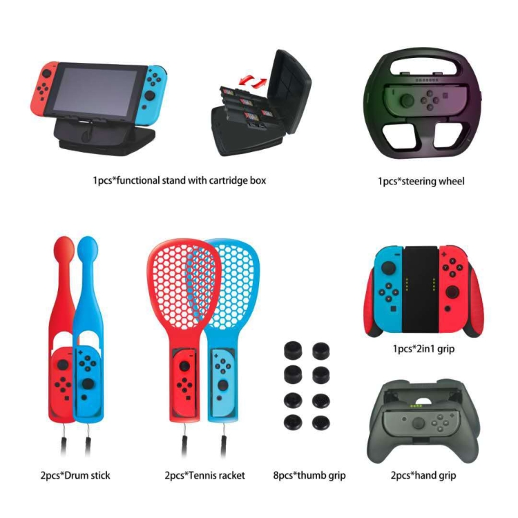 

KJH 19 in 1 Family Game Sports Set Drumstick Tennis Racket Grip Rocker Cap Card Box for Switch