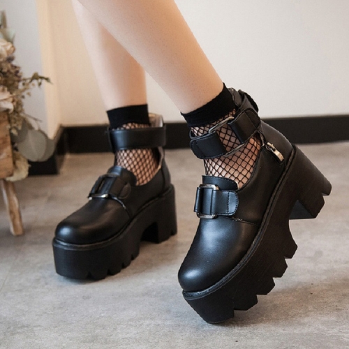 

Retro Round Head Muffin Bottom Leather Shoes Princess Shoes, Size:36(Black)