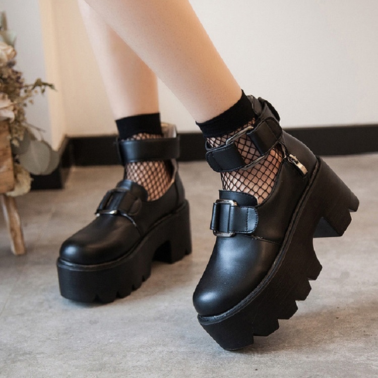

Retro Round Head Muffin Bottom Leather Shoes Princess Shoes, Size:39(Black)