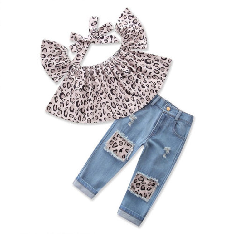 

Girls Leopard Print Tube top + Denim Trousers + Hair Band Set, Kid Size:130cm(Leopard)