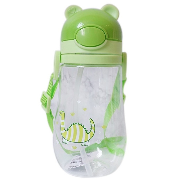 

550ml Baby Kids Children Cartoon Animal Drinking Water Bottle Sippy Cup with Shoulder Strap & Straw(Green)