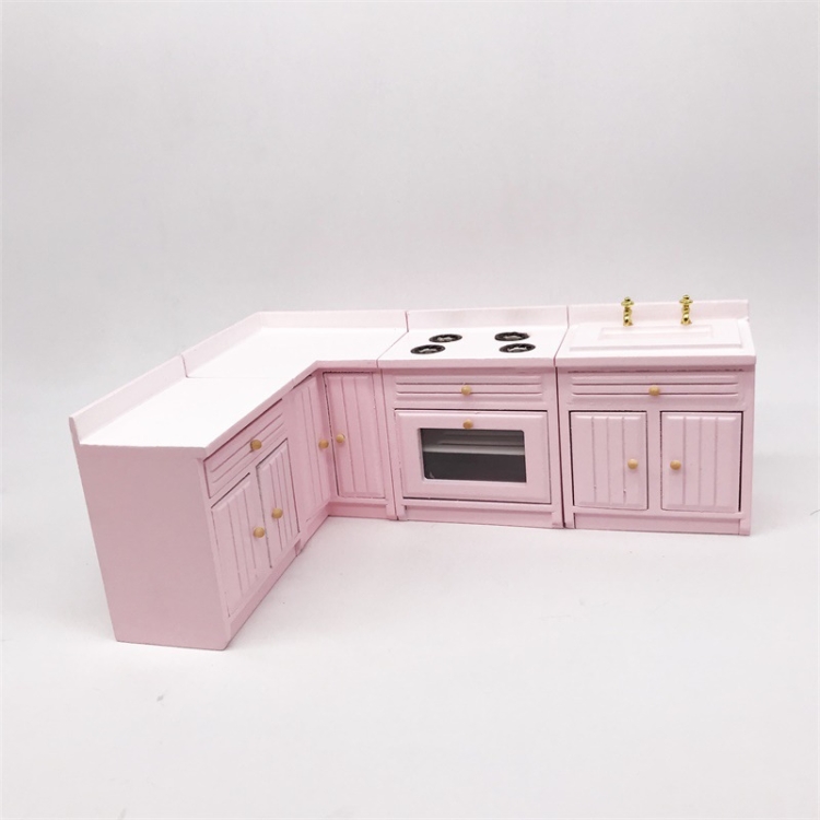 

1:12 Mini Doll House Kitchen Cabinet Dining Table Sink Combination Model Toy(Pink )