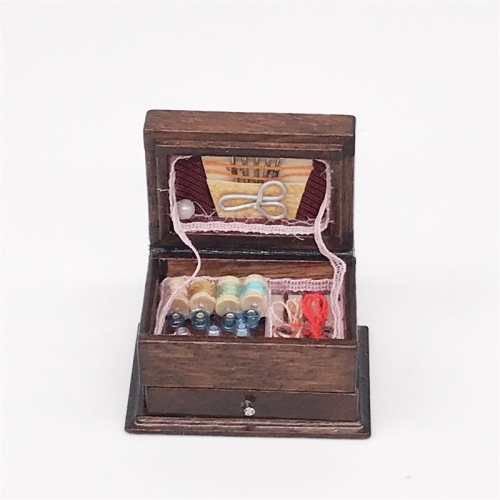 

1:12 Mini House Toy Simulation Classical Solid Wood Chinese Retro Sewing Box(Classical Color )