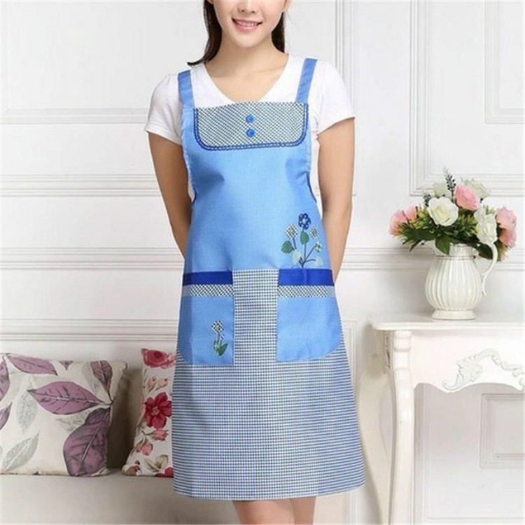 

Home Adult Sleeveless Waterproof Grid Anti-oil Aprons with Double Pocket(Blue)