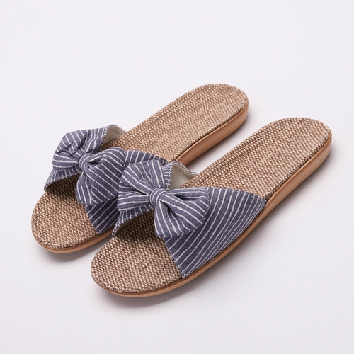 

Women Open Toe Linen Striped Home Indoor Slippers, Size:37-38(Dark Blue)