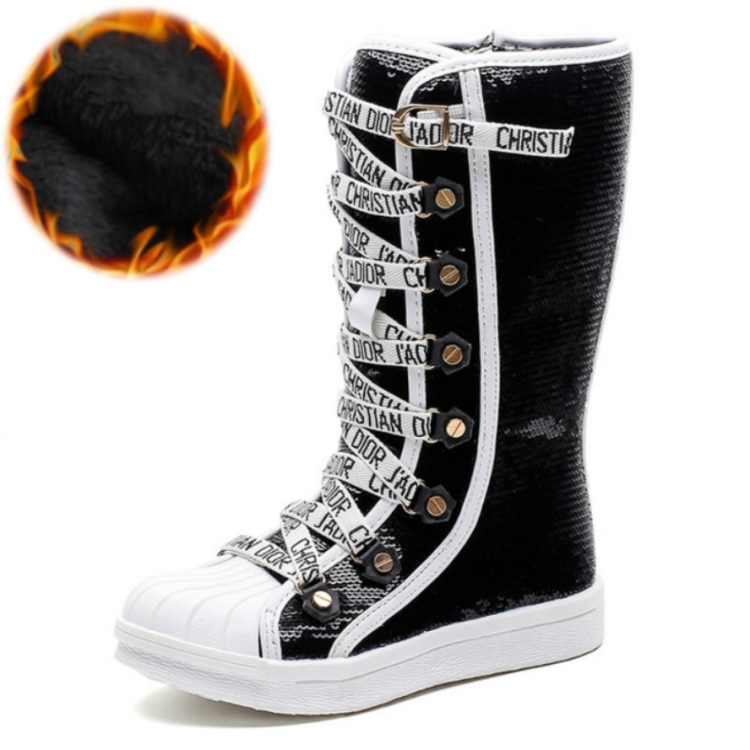 

Sequined Girls High Boots, Size:31(Black Cotton Shoe)