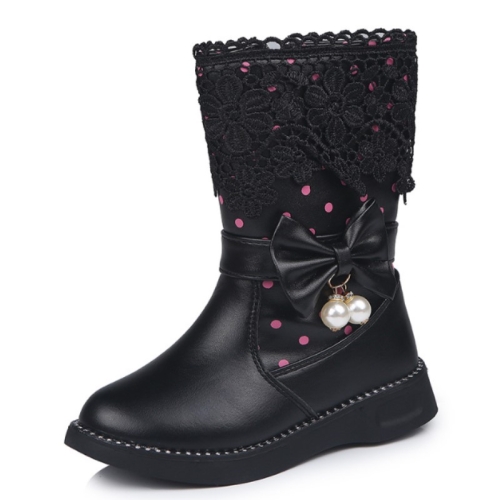 

Children Velvet Bow Pendant Lace Lace Snow Boots, Size:33, Color:Black