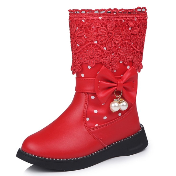 

Children Velvet Bow Pendant Lace Lace Snow Boots, Size:29, Color:Red
