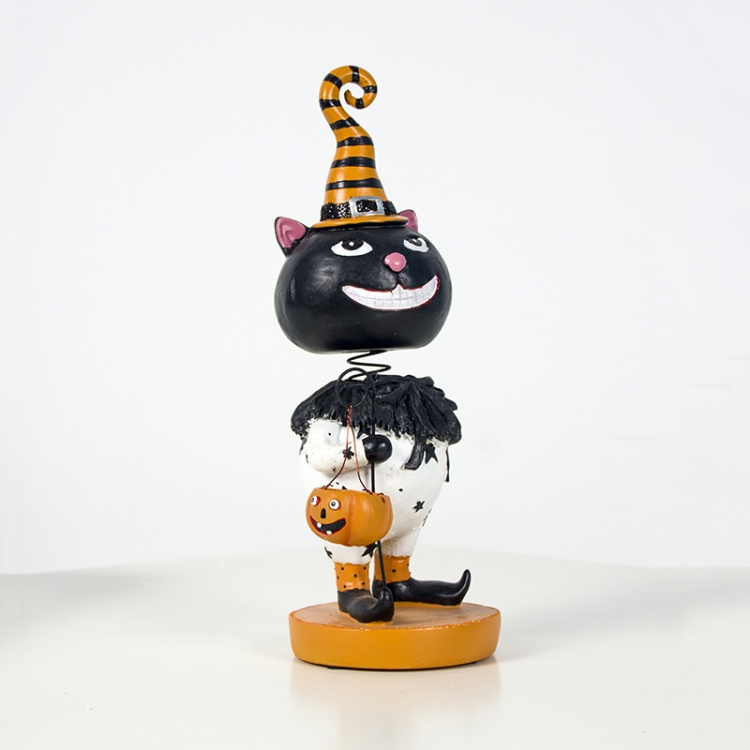 

2 PCS Halloween Three-dimensional Shaking Head Pumpkin Doll Resin Home Crafts Decorations(Black Cat )