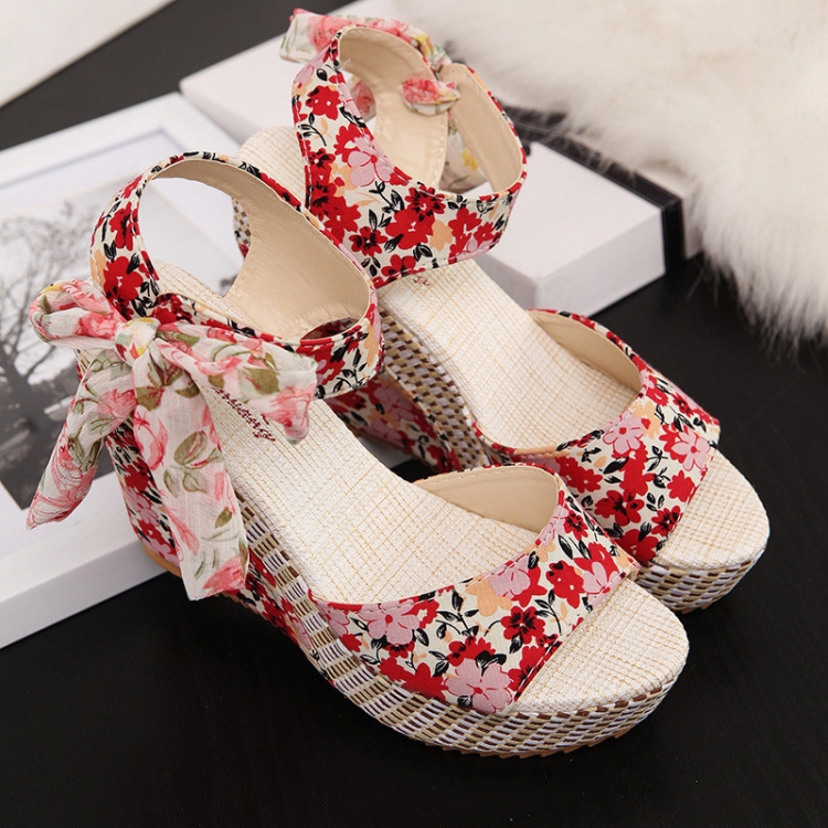 

Thick Bottom Wedge Fish Mouth Flower Sandals, Size:39(Red)