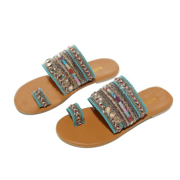 

Handmade Open Toe Bohemian Flat Bottom Sandals, Size:42(Green)