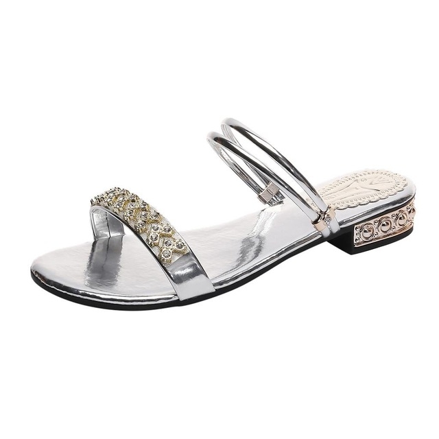 

Woman Low Heel Rhinestone Sandals, Shoe Size:39(Sliver)