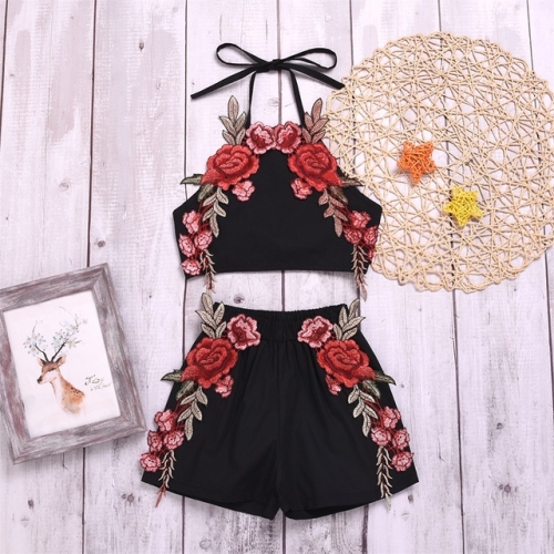 

2 in 1 Girls Embroidered Rose Flowers Sleeveless Top + Shorts Set, Kid Size: 110(2-3 years)(Black)