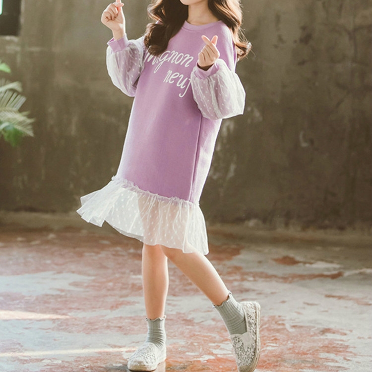 

Autumn Girls Fashion Letter Pattern Long Sleeve Lace Stitching Dress, Kid Size:150 Yards(Light Purple)