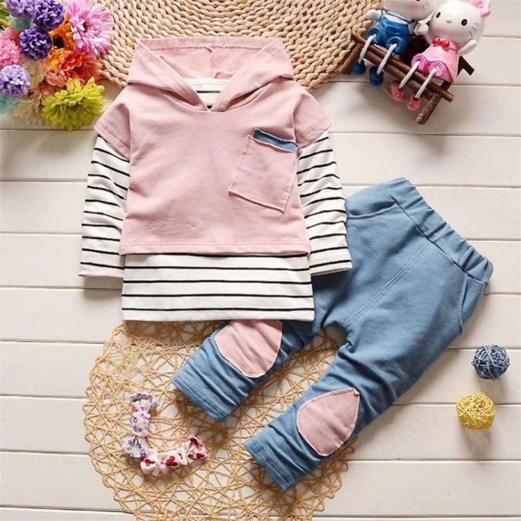 

3 in 1 Autumn Winter Children Hooded Short Sleeve Top + Striped Long Sleeve T-Shirt + Pants Clothes Set, Size:100cm(Pink)