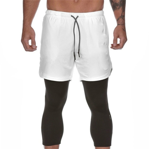

Men Running Shorts 2 in 1 Sport Leggings Male Double-layer Quick Dry Sports men Jogging Gym Shorts with Back Hanging, Size:XL(White)