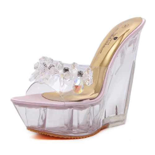 

Women Diamond 14cm High-heeled Slippers Crystal Waterproof Non Slip Bottom Thick Sandals, Shoe Size:35(Pink)