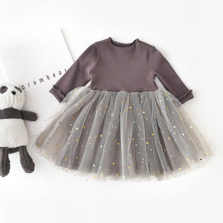

Winter Girls Patchwork Five-pointed Star Mesh Long-sleeved Dress, Kid Size:90cm(Chocolate)
