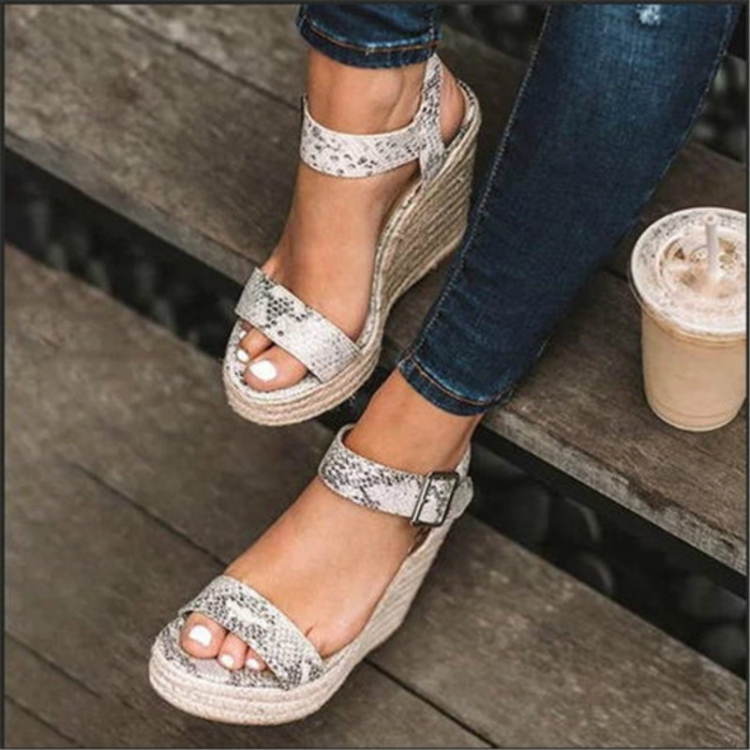 

Fish Mouth Wedge Bottom Belt Buckle Hemp Rope Women Sandals, Size:36(Snake)
