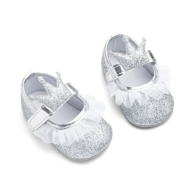 

Baby Girl Shoes Lace PU Leather Princess Newborn Baby Crown Shoes, Size:12cm(Silver)