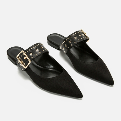 

Rivets Mules Pointed Head Toe Flat Bottom Slipper, Size:40(Black)