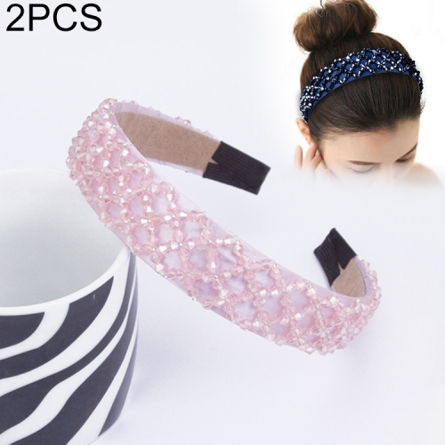 

2 PCS Women Simple Wide-brimmed Crystal Beaded Headband(Pink)