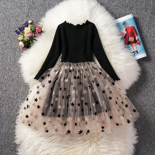 

Autumn Girls Star Pattern Lace Sequins Long Sleeve Tutu Dress, Kid Size:100cm(Black)