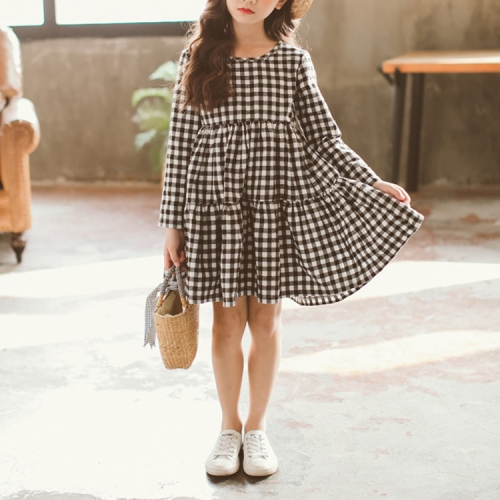 

Autumn Girl Cotton Lattice Bow-knot Tie Long Sleeve Dress, Kid Size:150cm(Black and White Lattice)