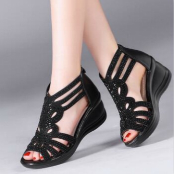 

Hollow Out Comfortable Sandals Peep Toe Cowhide Diamond Womens Shoes, Shoes Size:37(Black)