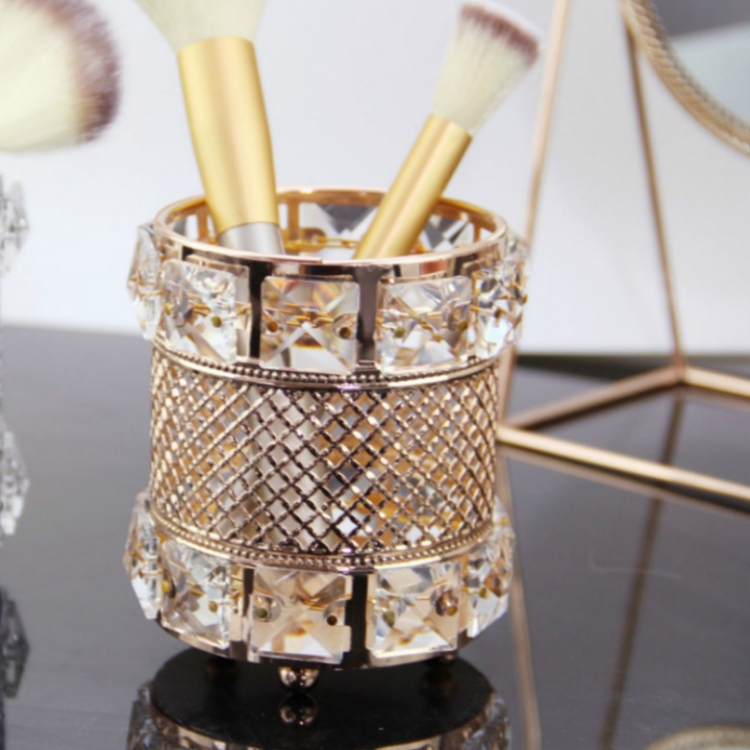 

Hollow Makeup Brush Nail Pen Storage Box Desktop Crystal Pen Holder(Gold)