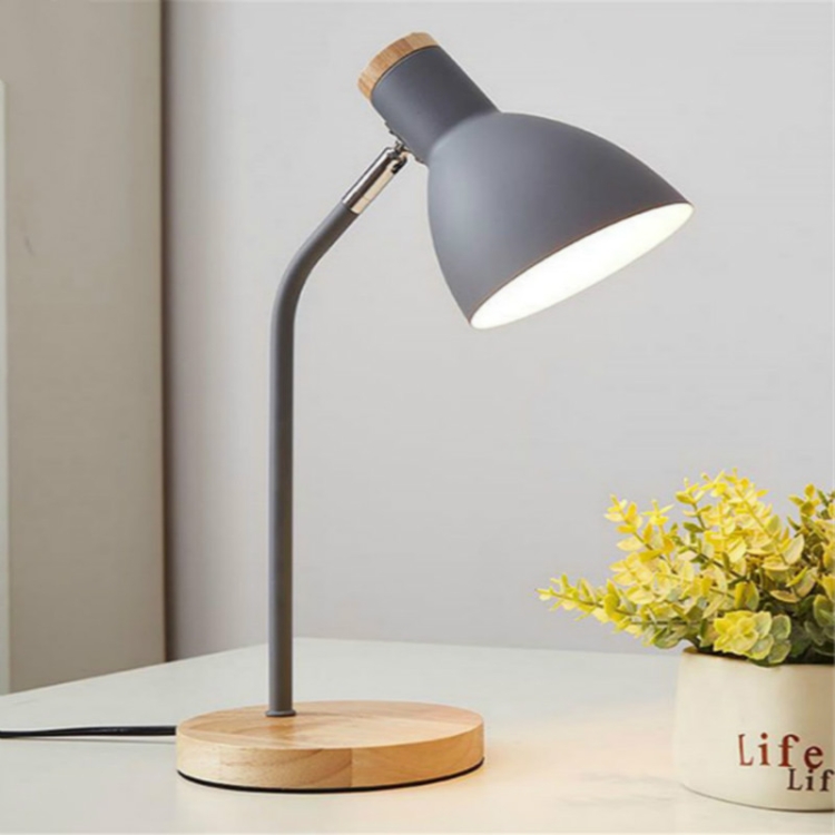 

E27 Button Switch Wood Table Lamp Metal Shade Desk Light Bedside Reading Book Light Home Decor, Light Source:Normal Bulb(Gray)