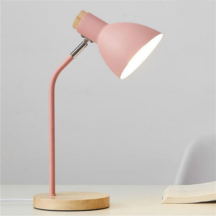 

E27 Button Switch Wood Table Lamp Metal Shade Desk Light Bedside Reading Book Light Home Decor, Light Source:9W Led White Light(Pink)
