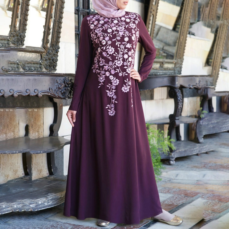 

Women Print Long Sleeve Dress National Wind Dress, Size:M(Purple)