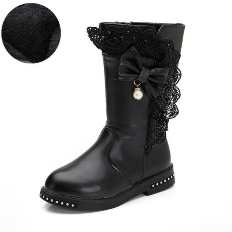 

Winter Children High Bow Tie Skirt Boots, Size:37, Color:Black Thin Cotton