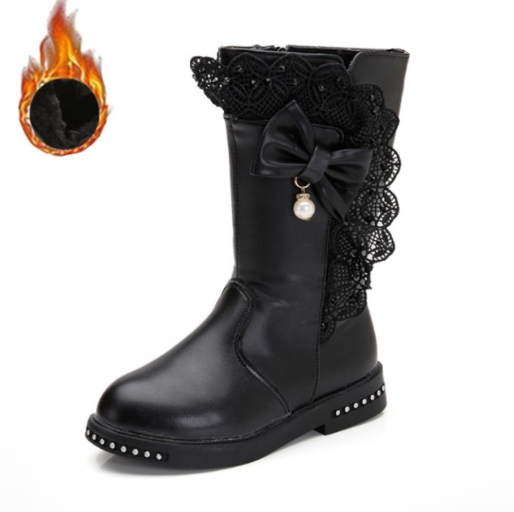 

Winter Children High Bow Tie Skirt Boots, Size:28, Color:Black Thick Cotton
