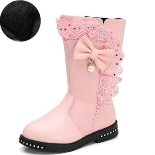 

Winter Children High Bow Tie Skirt Boots, Size:35, Color:Pink Thin Cotton