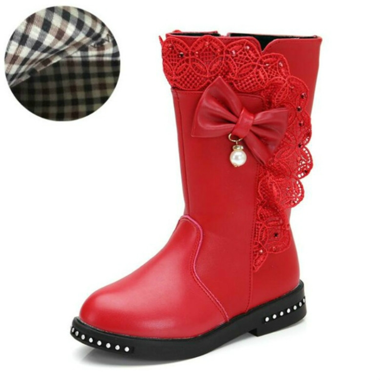 

Winter Children High Bow Tie Skirt Boots, Size:35, Color:Red