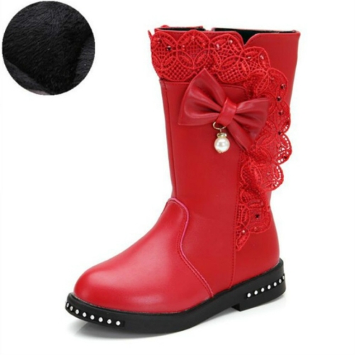 

Winter Children High Bow Tie Skirt Boots, Size:30, Color:Red Thin Cotton