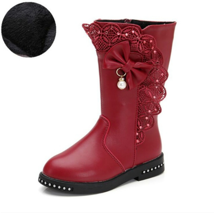 

Winter Children High Bow Tie Skirt Boots, Size:28, Color:Wine Red Thin Cotton