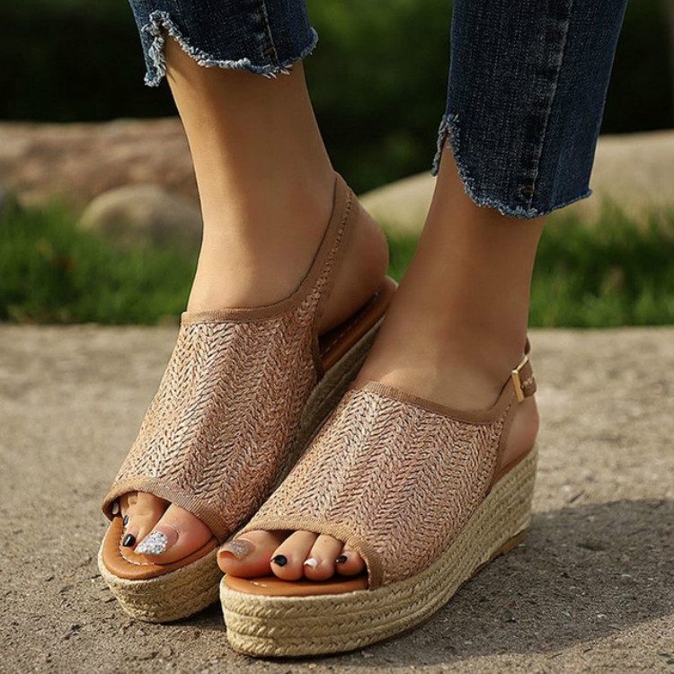 

Wedge Hemp Rope Woven Breathable Fish Mouth Women Sandals, Size:40(Light Brown)