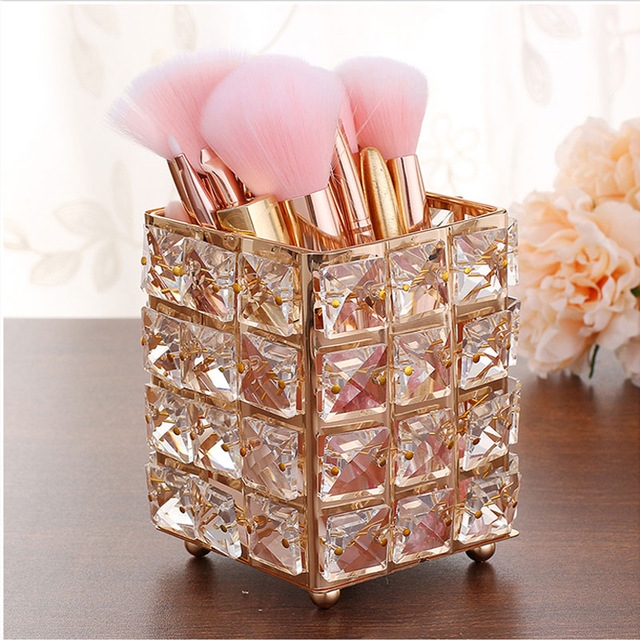 

Metal Crystal Square Makeup Brush Storage Box Pen Storage Bucket(Gold)